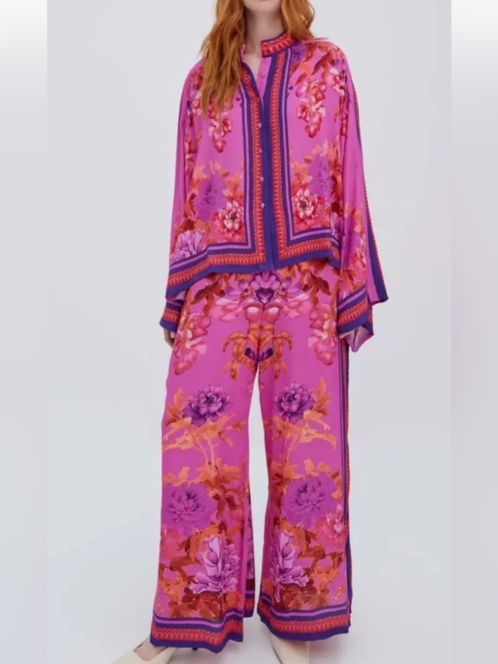 RAISHMA Alisa Pink Viscose Bright Pink Floral Wide-Leg two piece set pants/shirt